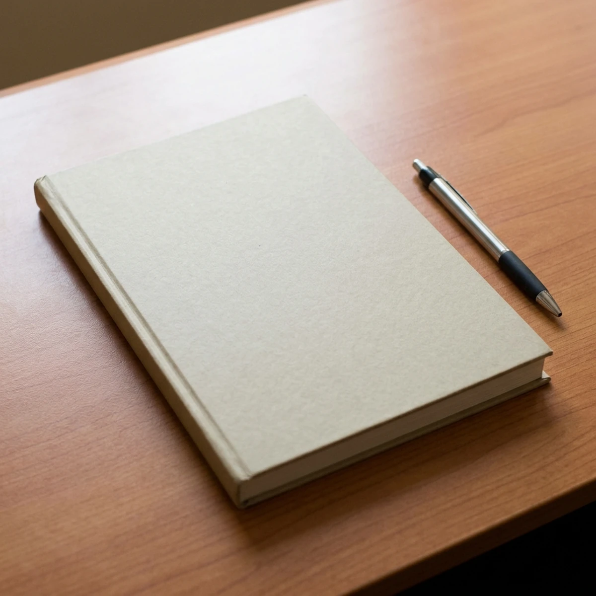 Closed ledger with a pen resting on a wooden desk