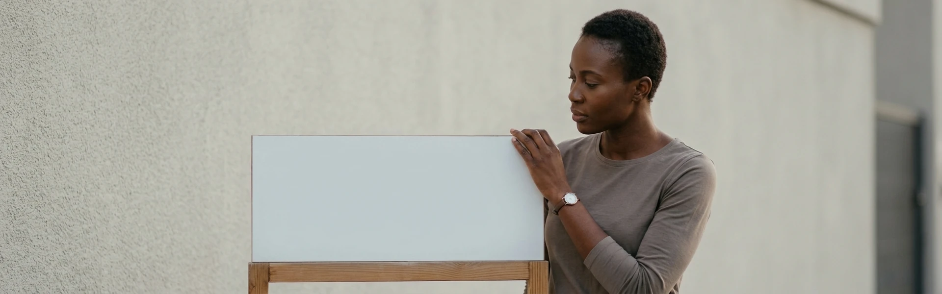 A Nigerian woman reads a plain sign on a low frame with her hand resting gently on its surface