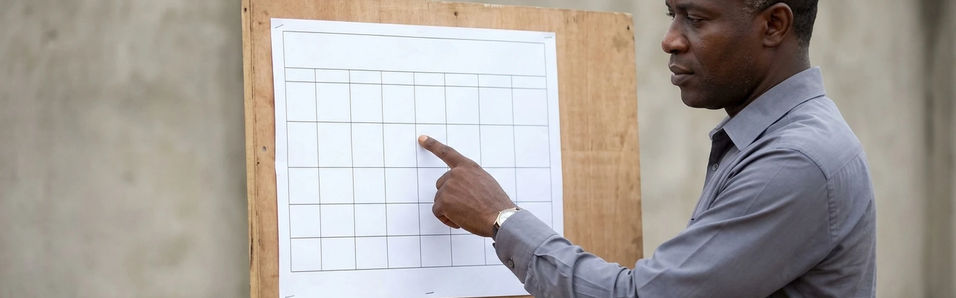 A Nigerian man points at a blank grid chart mounted on a wooden board