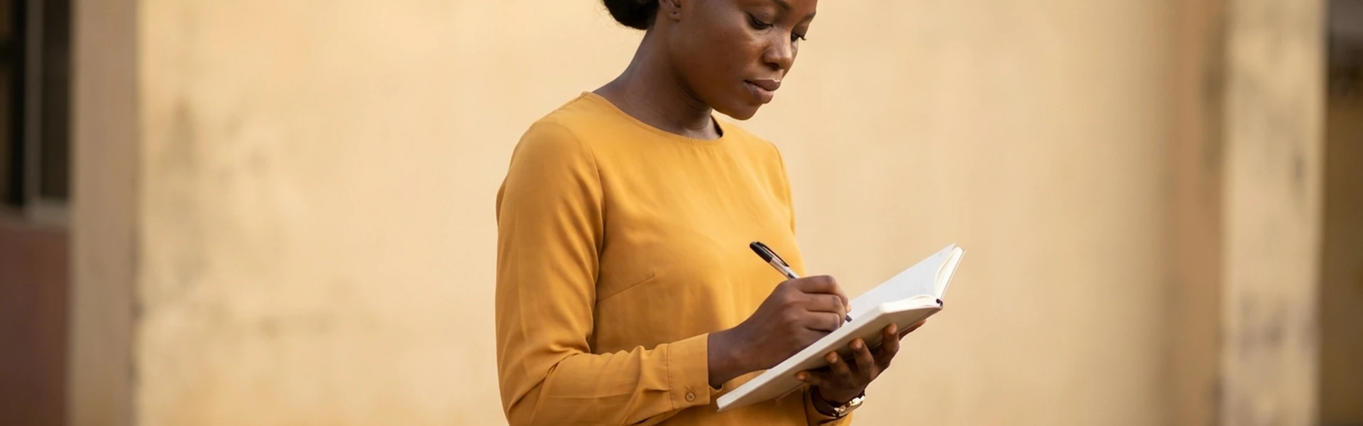 A Nigerian woman writes in a plain notebook held open in one hand while standing outdoors