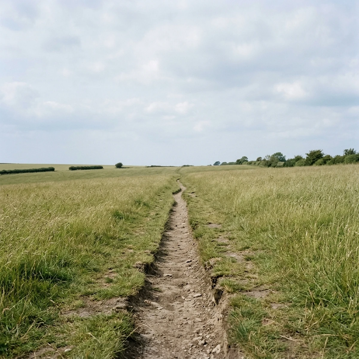 Narrow footpath crossing an open grass field under soft daylight