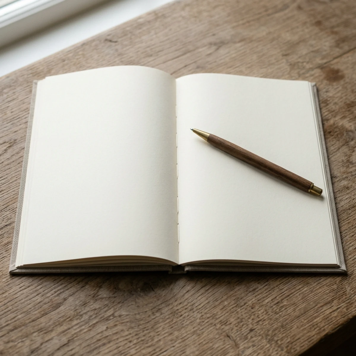 Single open ledger with a plain pen resting across one page under daylight