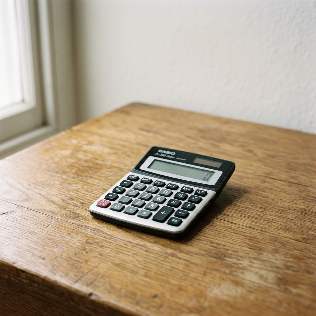 Single pocket calculator resting on a plain wooden desk under daylight
