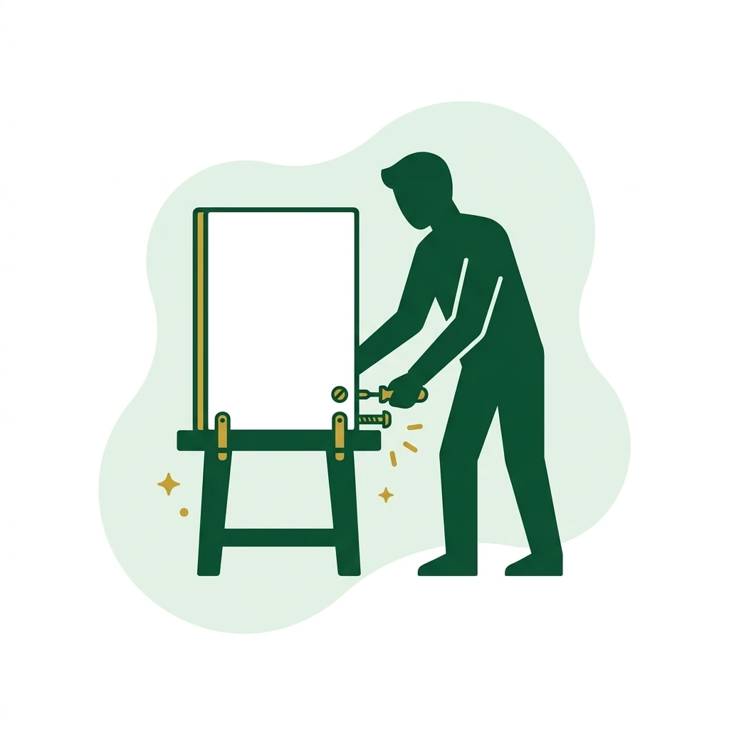 Flat vector icon of a figure fastening a plain upright panel to a stand