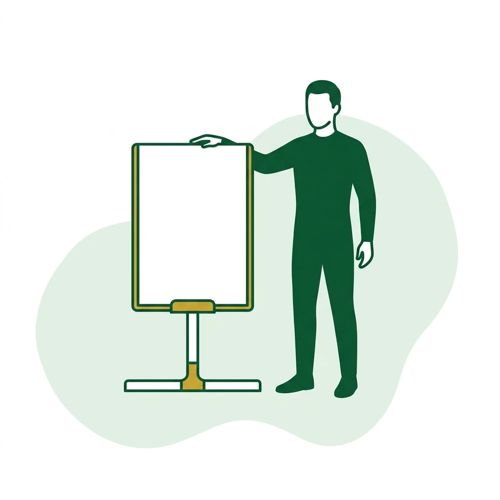 Flat vector icon of a figure standing next to a plain vertical marker board