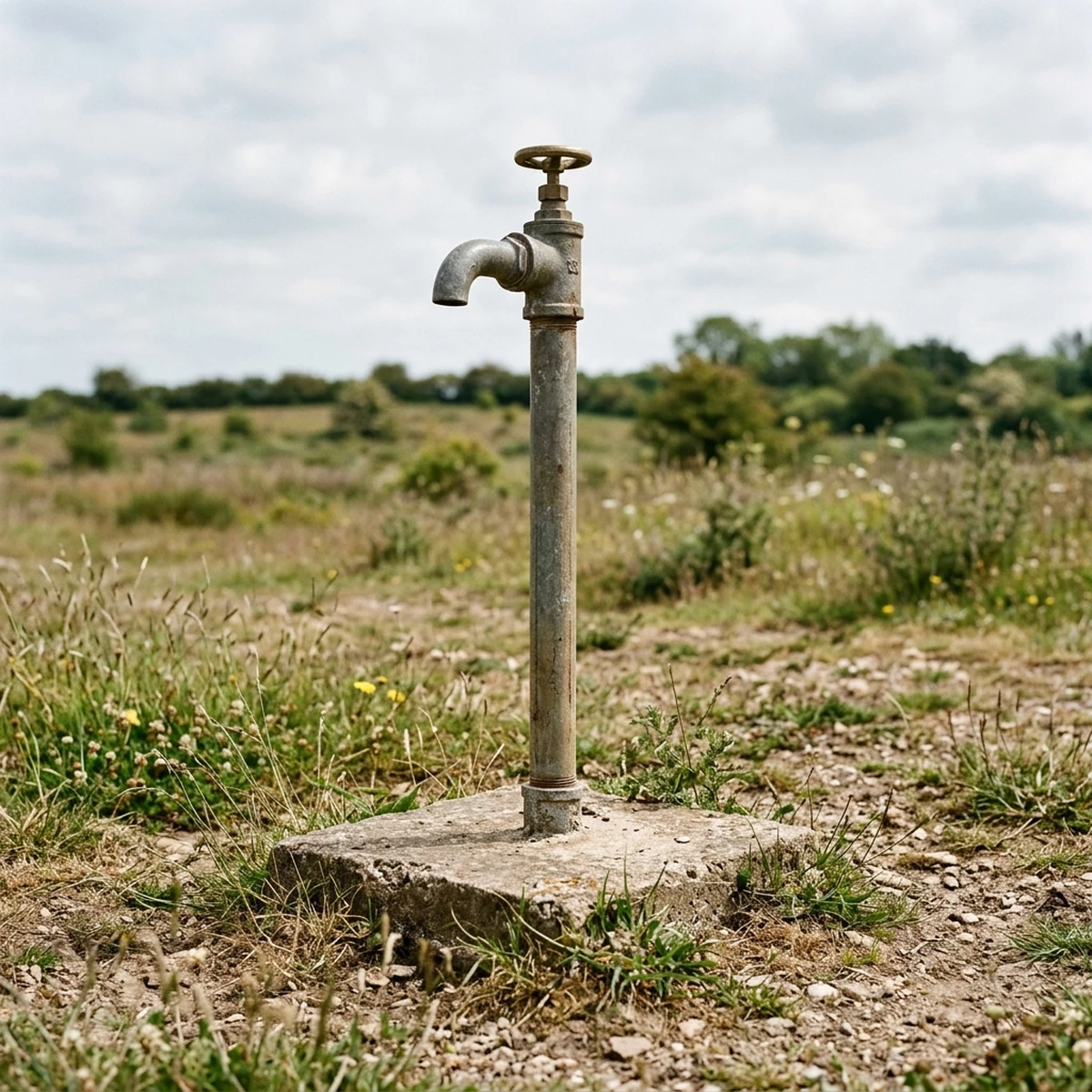 Single water standpipe rising from an open concrete base under soft daylight