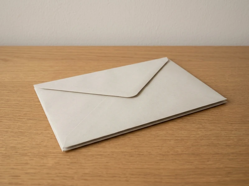 Single sealed paper envelope on a plain wooden table under daylight