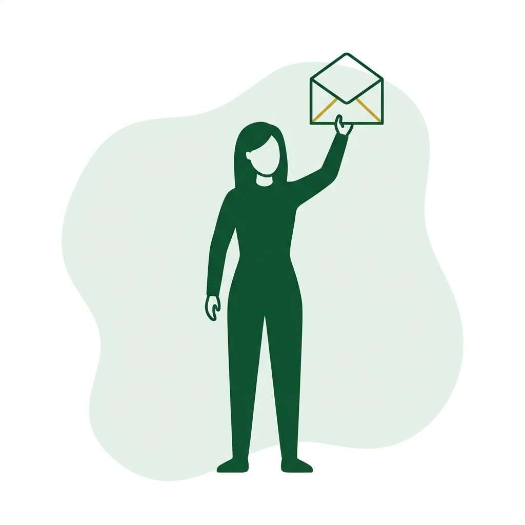 Flat vector icon of a figure holding a plain open envelope in one raised hand