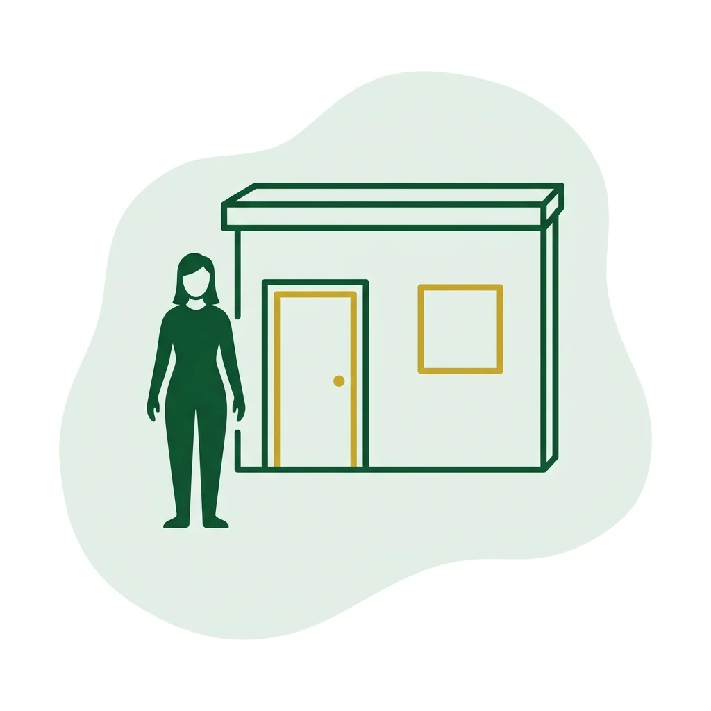 Flat vector icon of a figure standing beside a plain single storey building with one door