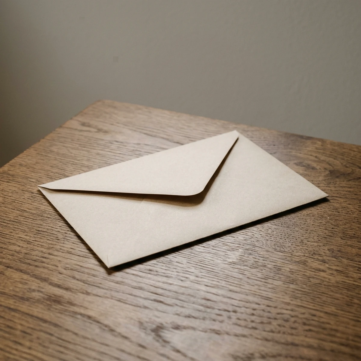 Single sealed plain paper envelope resting on a wooden desk under daylight