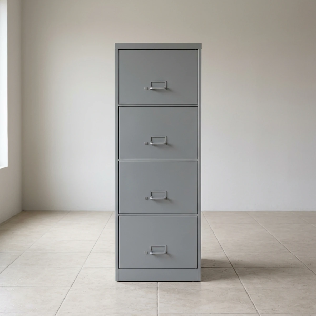 Single plain grey metal filing cabinet standing alone on an open tiled floor