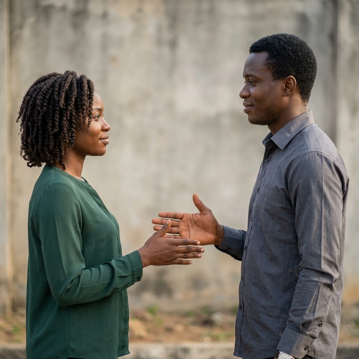 A Nigerian woman and man face each other with one open hand extended toward the other