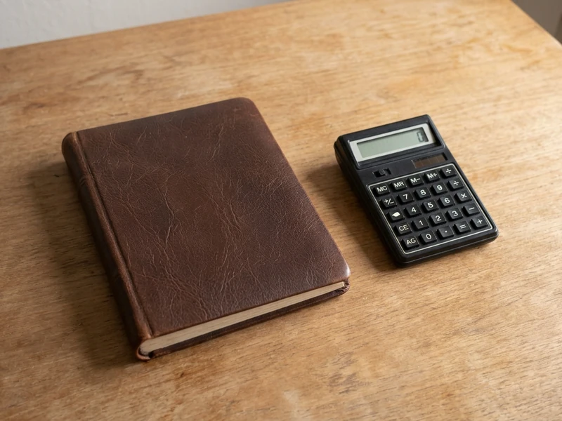 Stack of unmarked ledgers beside a pocket calculator on a desk