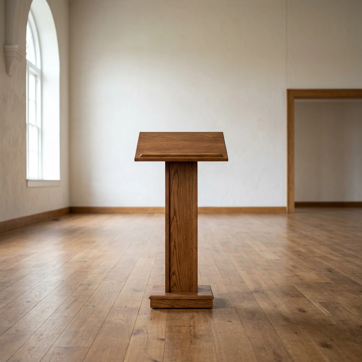 Single wooden lectern on an open floor under soft daylight