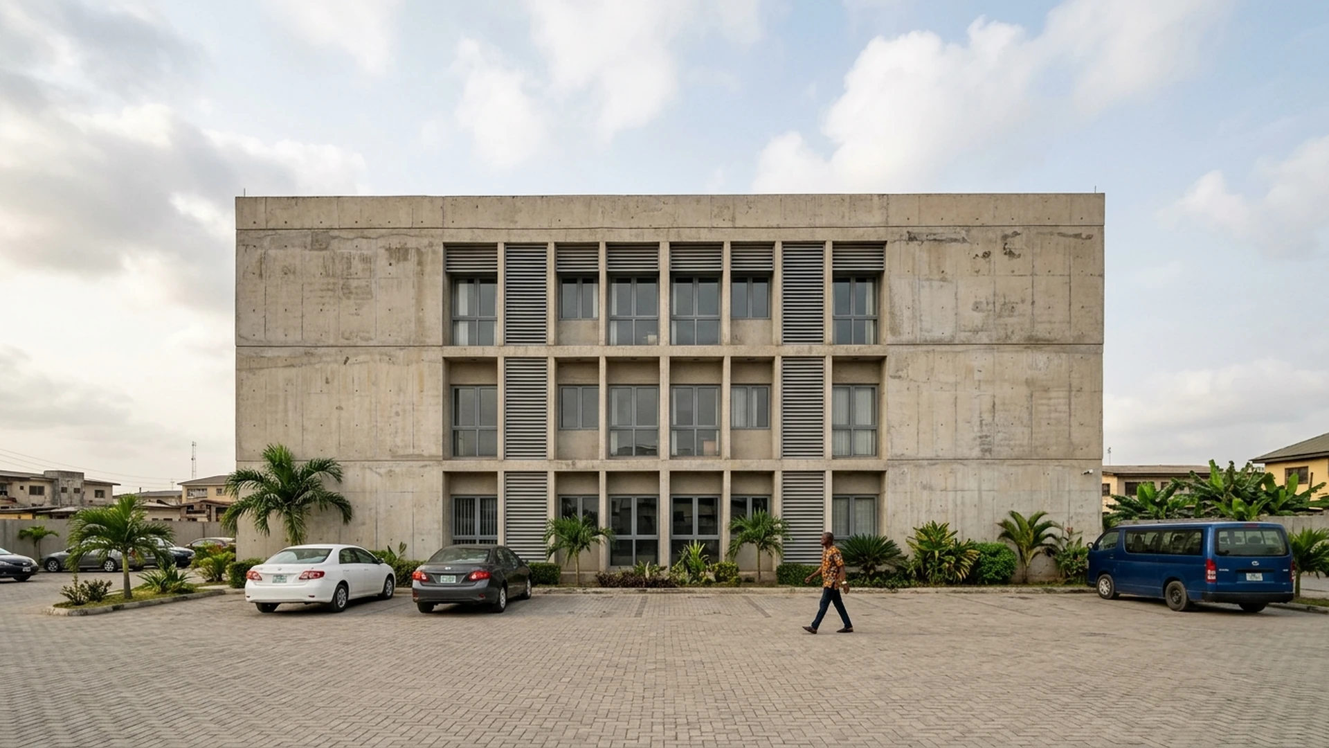 Low angle view of a plain civic building exterior with a paved forecourt