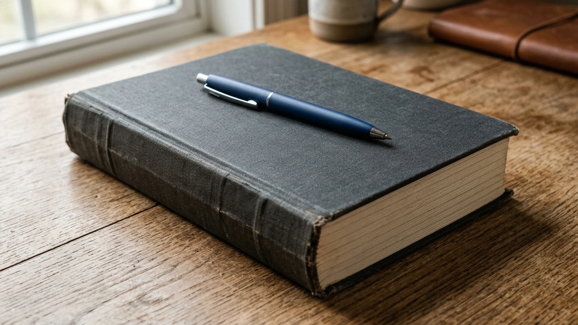 Bound budget volume with a plain pen resting on it under daylight