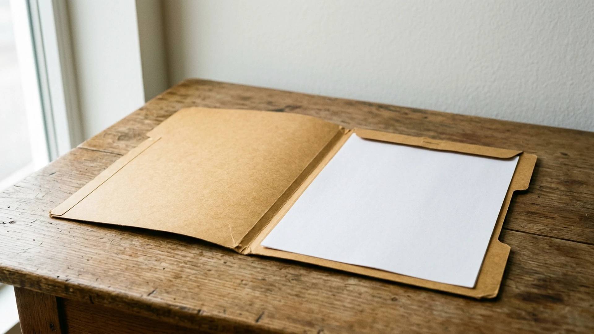 Archive shelf with plain-spined folders under natural side light