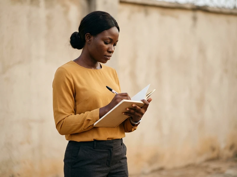 A Nigerian woman writes in a plain notebook held open in one hand while standing outdoors