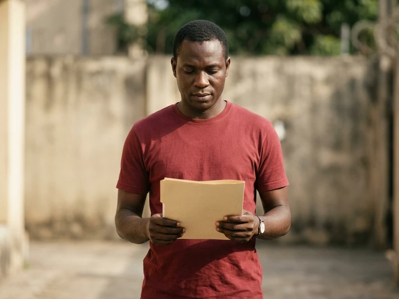 A Nigerian man holds a plain folder flat between both hands outdoors