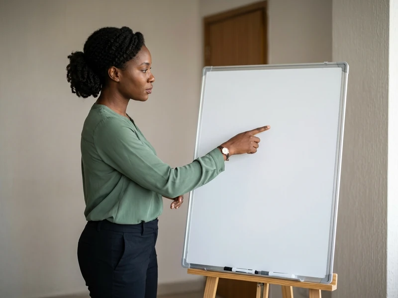 A Nigerian woman stands beside a whiteboard and points at it with one hand