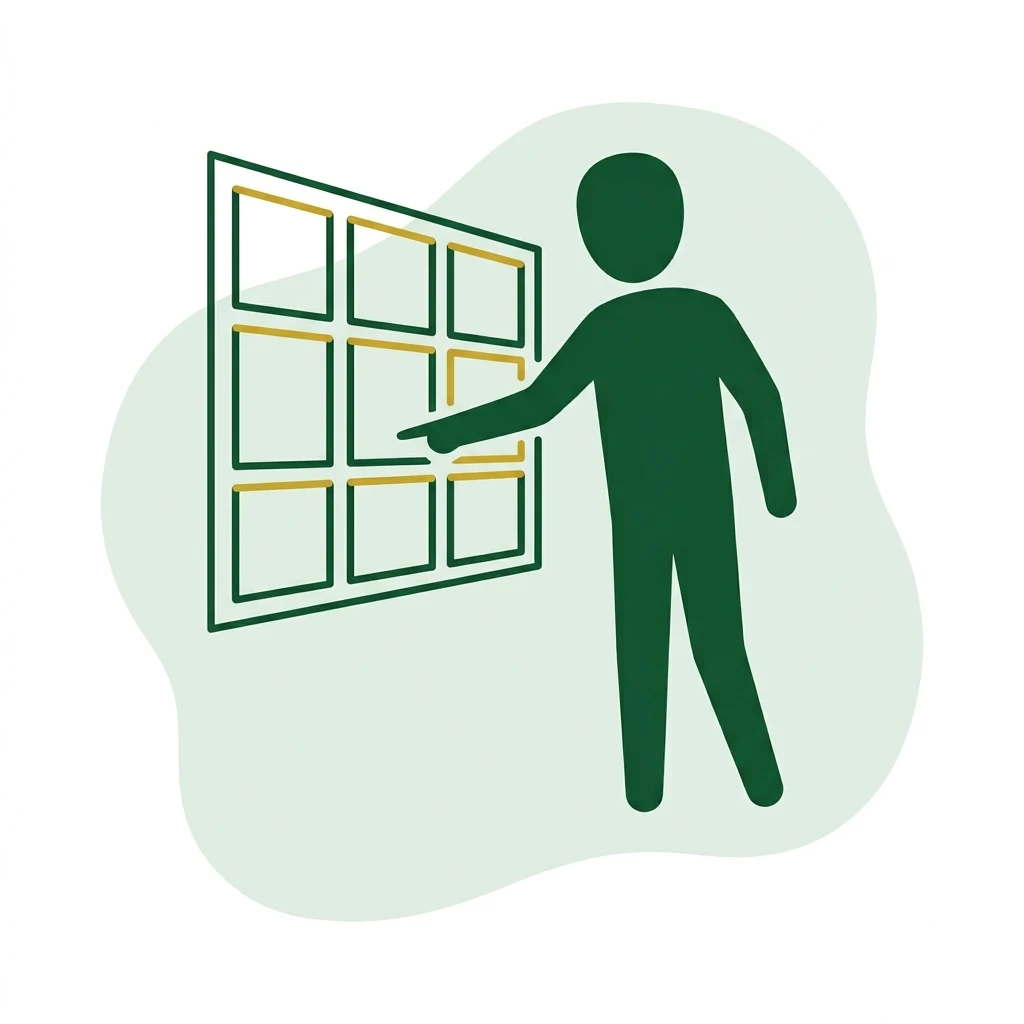 Abstract figure pointing at a wall chart of blank panels