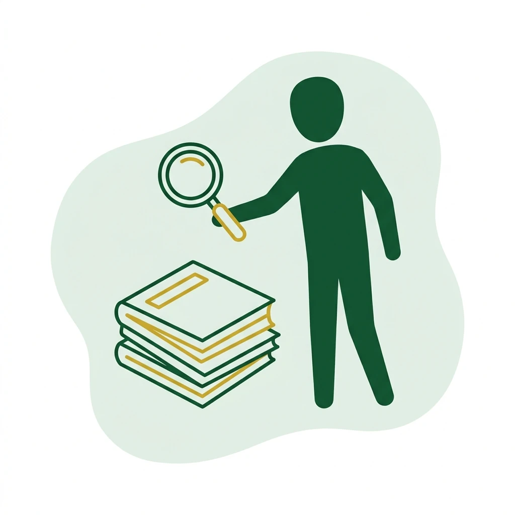 Abstract figure holding a magnifier above a stack of ledgers