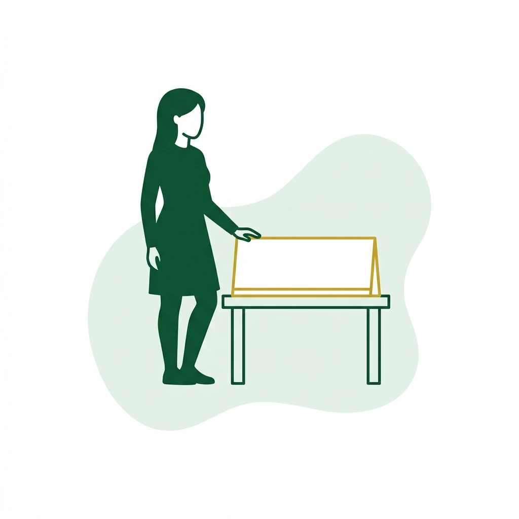 Flat vector icon of a figure beside a plain nameplate on a stand
