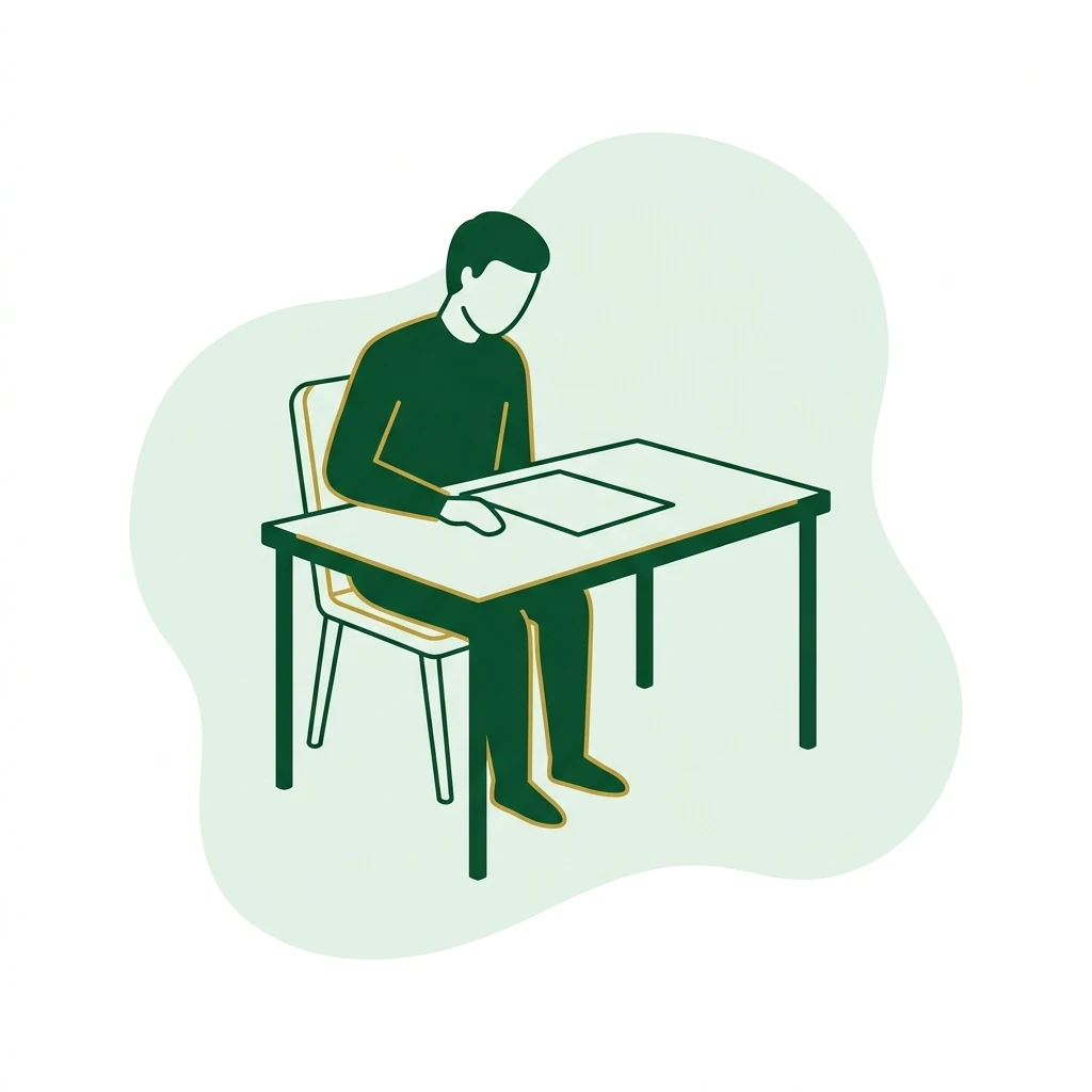 Flat vector icon of a figure seated at a plain desk reviewing a blank sheet