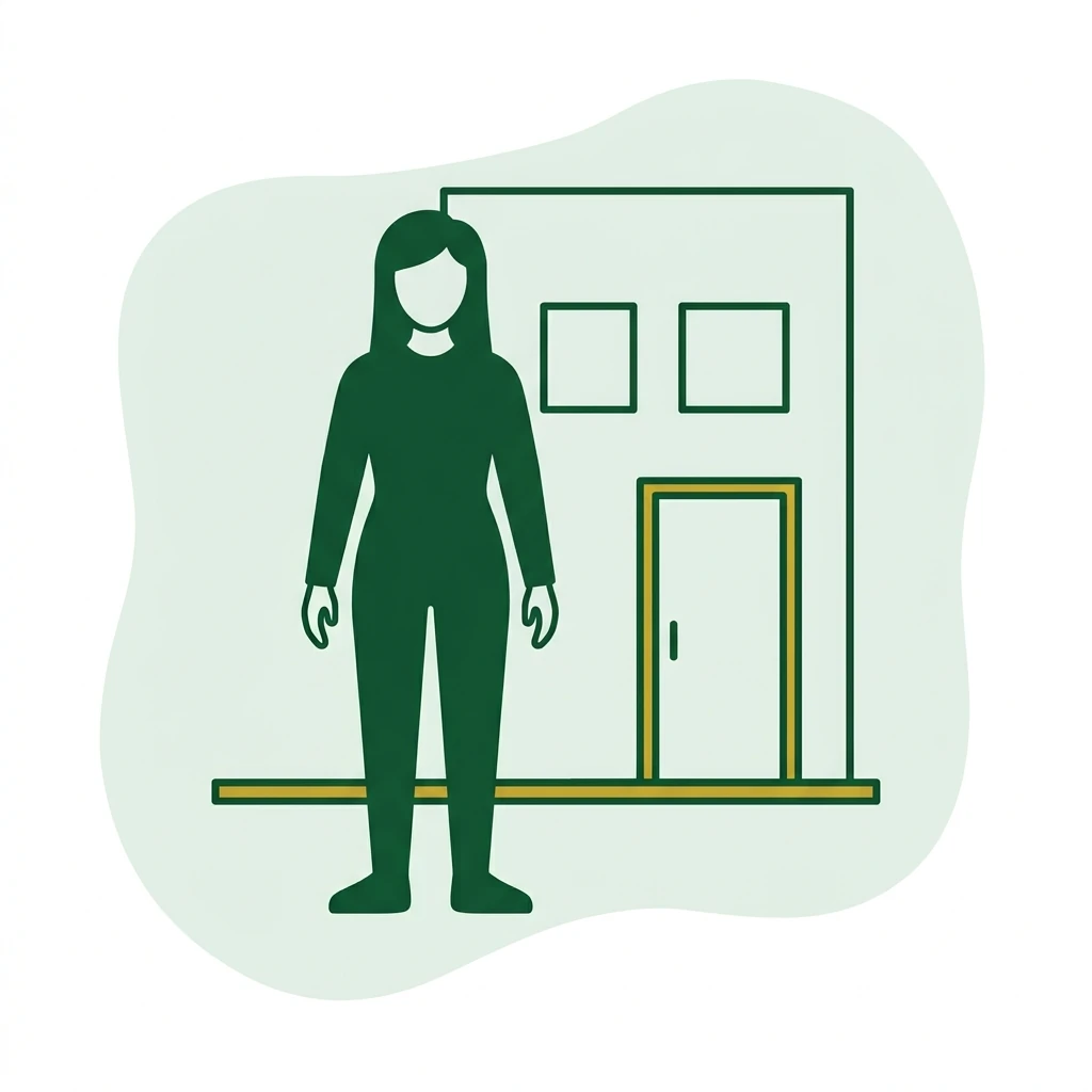 Flat vector icon of a figure standing in front of a plain building facade