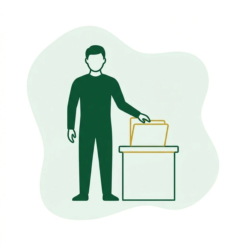 Flat vector icon of a figure beside a plain closed folder on a stand