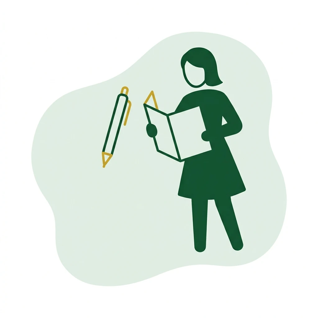Abstract figure reading a folded document beside a raised pen