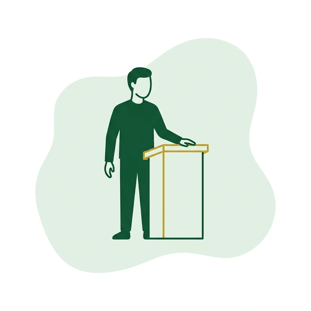 Flat vector icon of a figure standing at a plain podium