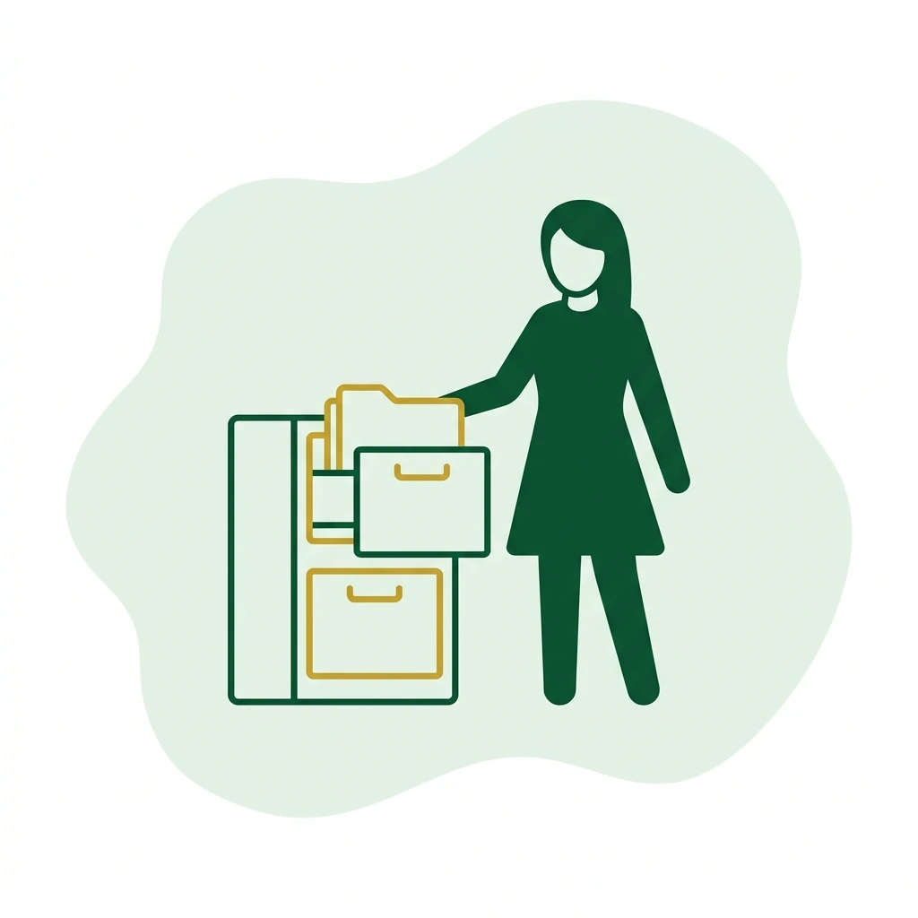 Flat vector icon of a figure pulling a plain folder from a filing drawer
