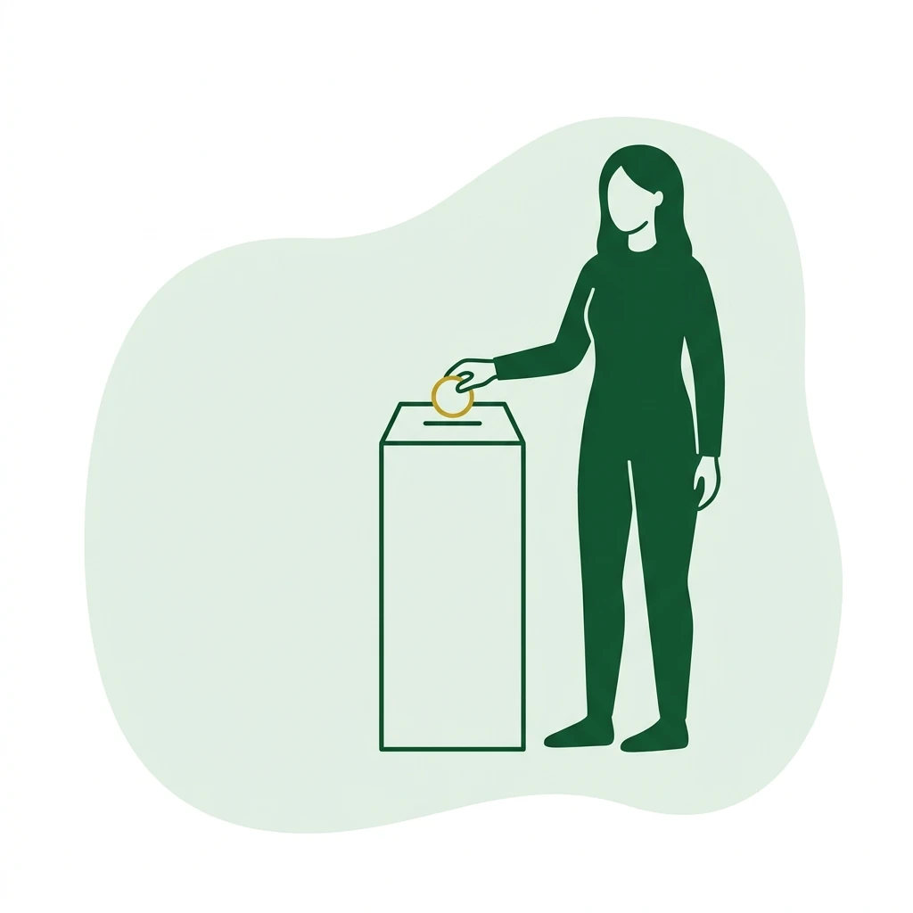 Flat vector icon of a figure placing a plain small round coin into a plain upright slot