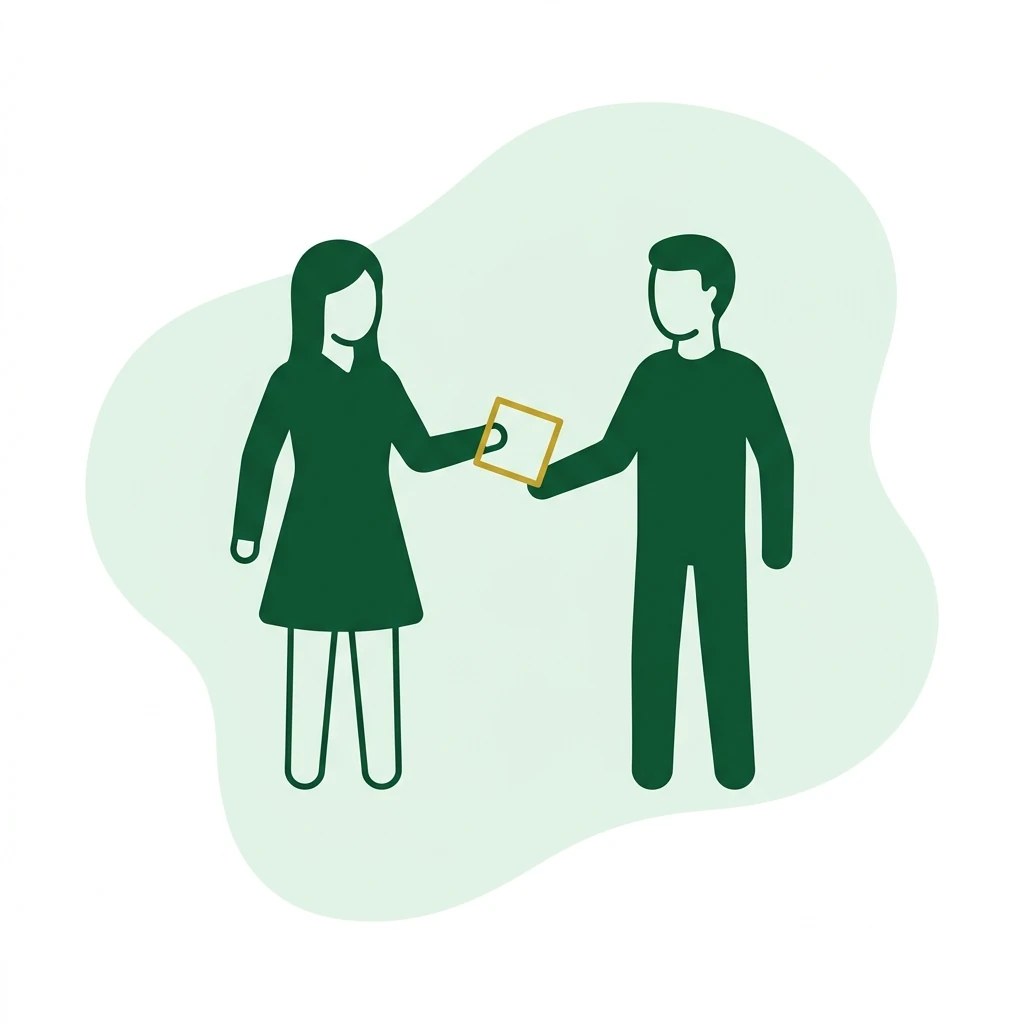 Flat vector icon of a figure passing a plain small square card to another figure