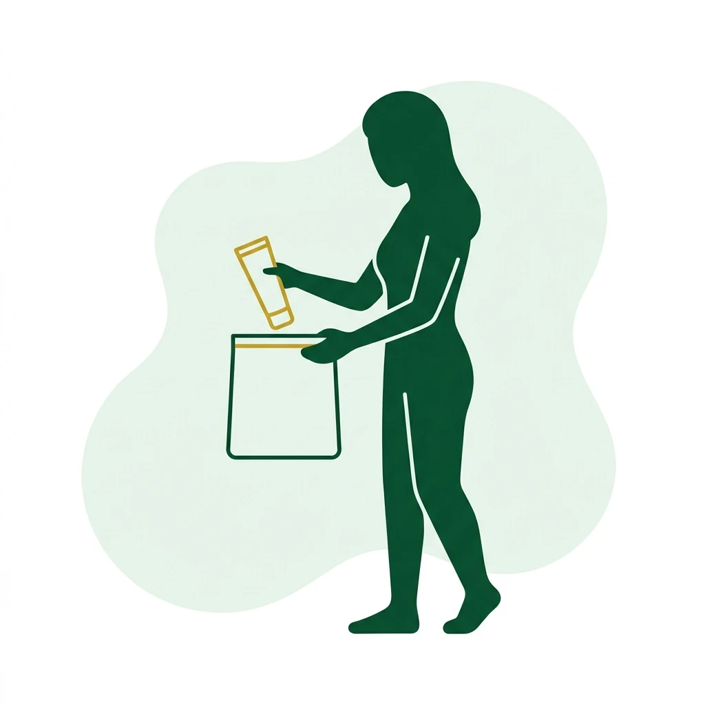 Flat vector icon of a figure lowering a plain tube into a plain open pouch