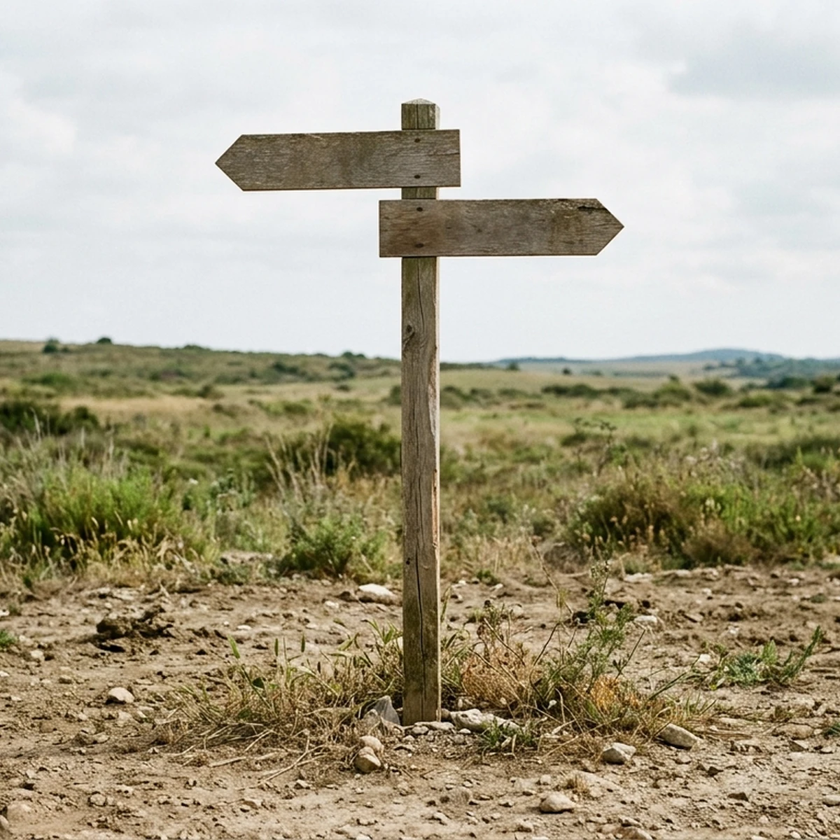 Single plain wooden signpost with two arms pointing in different directions on open ground under soft daylight