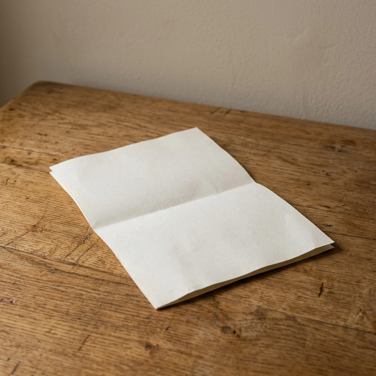 Single folded plain document on a wooden desk under daylight