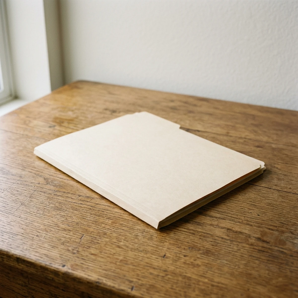 Single plain manila folder resting on a wooden desk under daylight