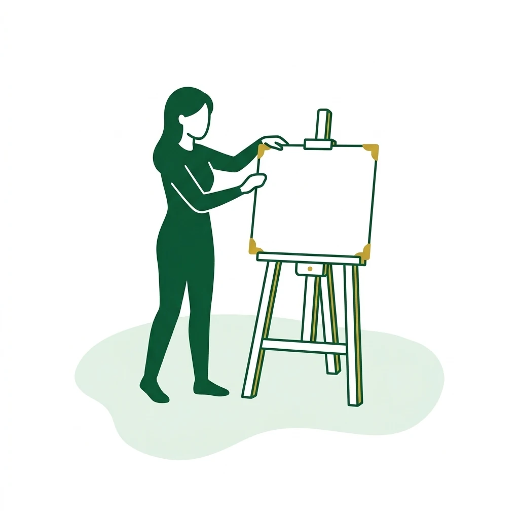 Flat vector icon of a figure adjusting a plain flat panel on a low easel