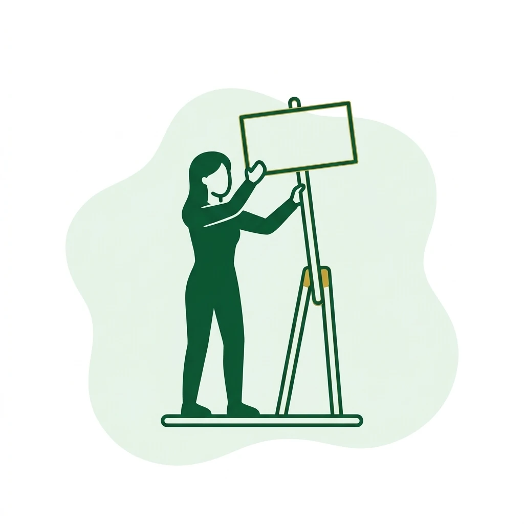 Flat vector icon of a figure lifting a plain rectangular sign onto a low stand