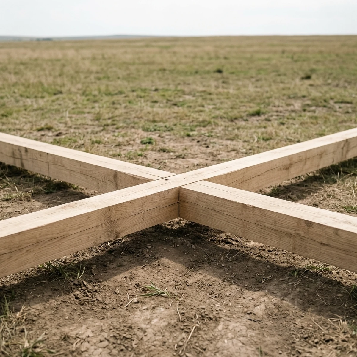 Two single squared timber beams crossing at a joint on open ground under soft daylight