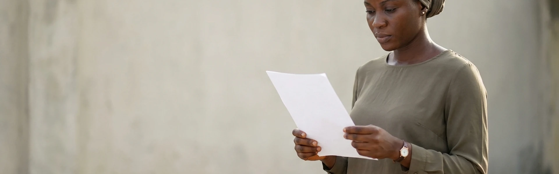 A Nigerian woman holds a single plain sheet flat in both hands and reads it
