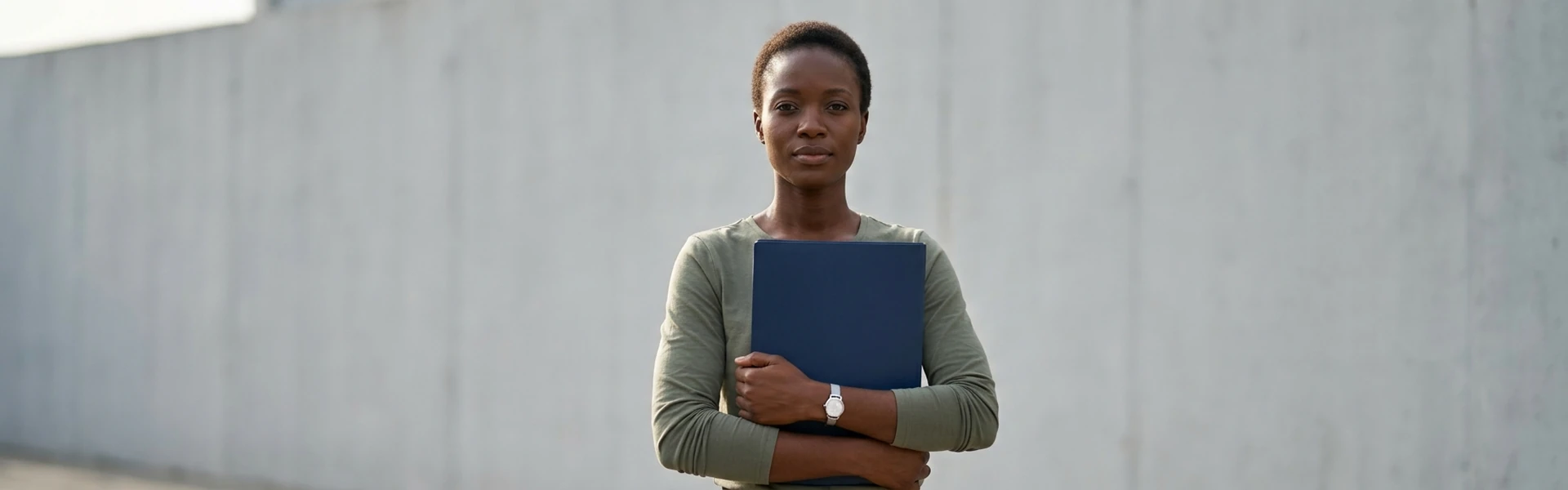 A Nigerian woman stands with both hands folded over a plain closed folder against her chest