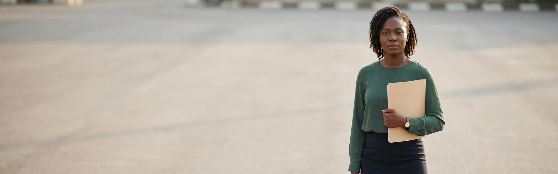 A Nigerian woman stands upright in an open paved area holding a plain folder against her side and facing the camera