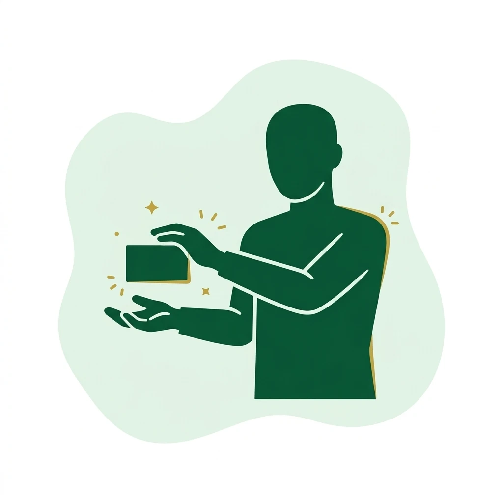 Flat vector icon of a figure passing a plain small block from one hand to another