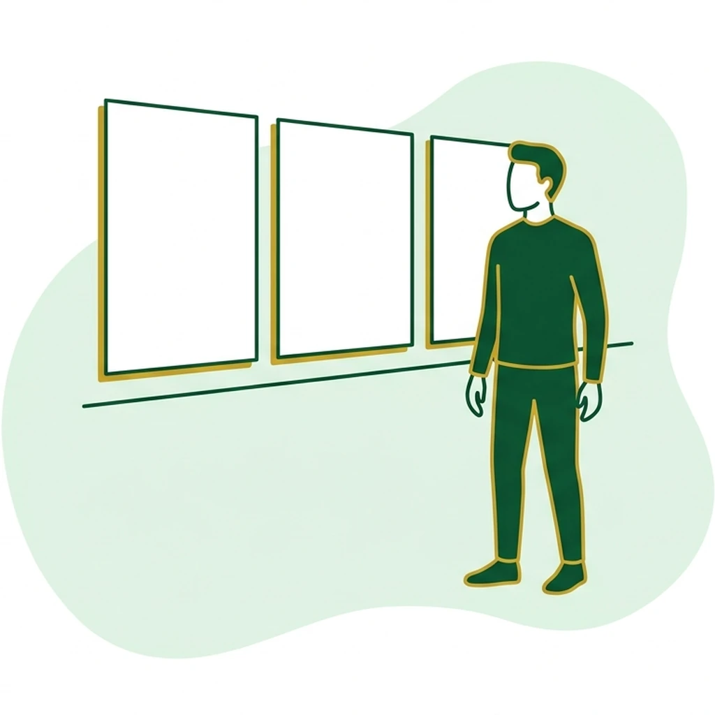 Flat vector icon of a figure standing in front of a plain row of three blank panels
