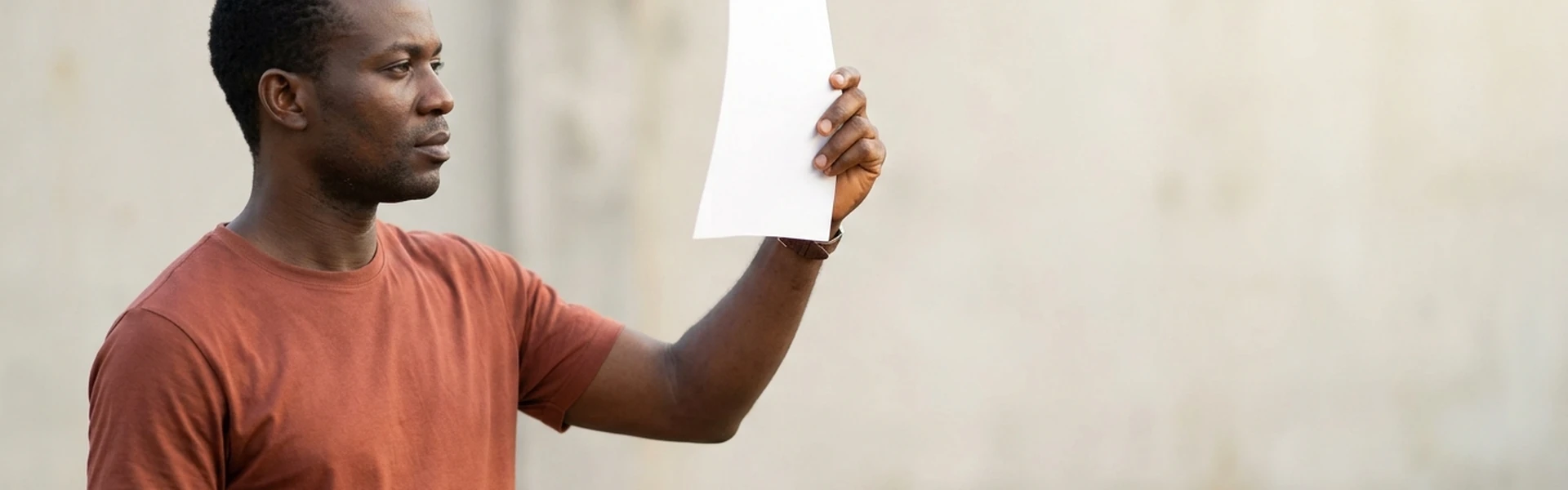A Nigerian man holds a single plain sheet up in one raised hand