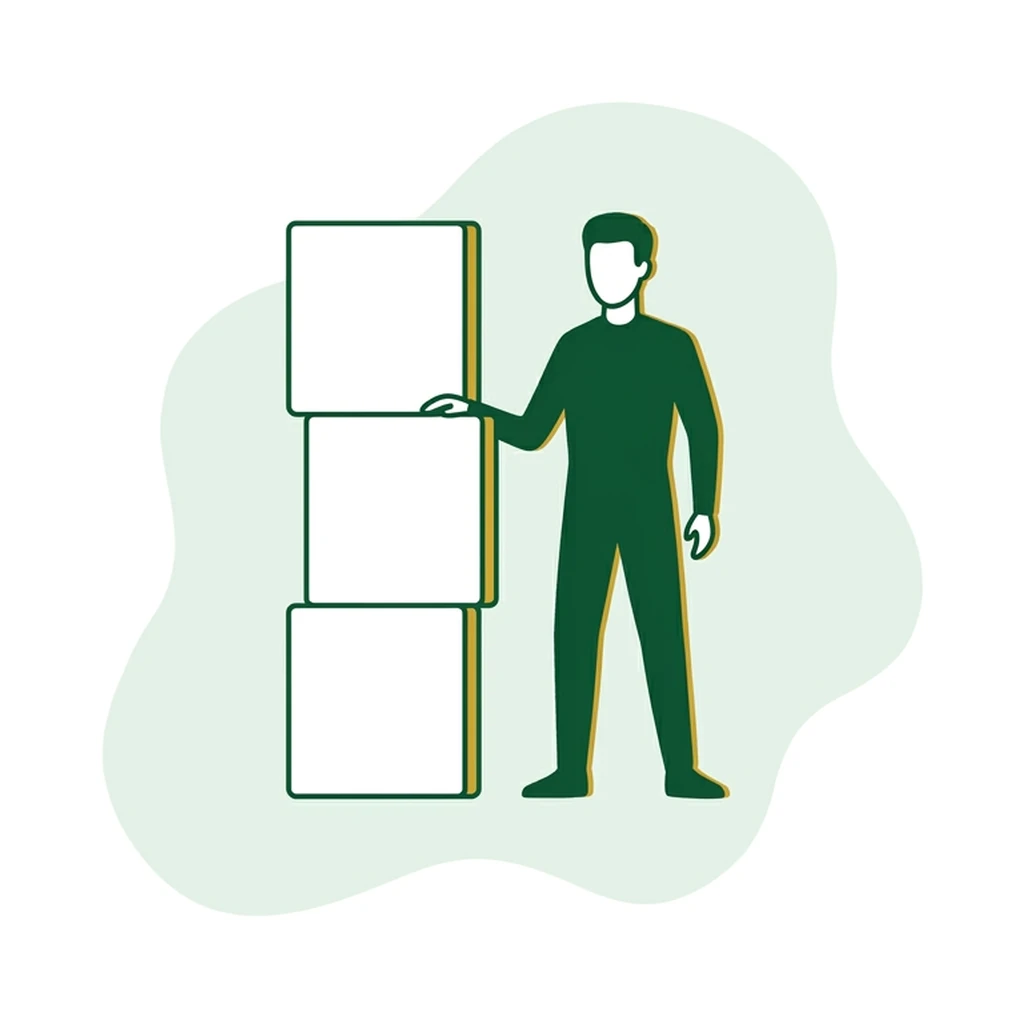 Flat vector icon of a figure beside a plain vertical column of three stacked blocks