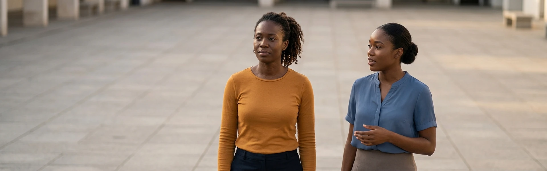 Two Nigerian women stand side by side in an open paved courtyard, one looking outward and one turning to speak